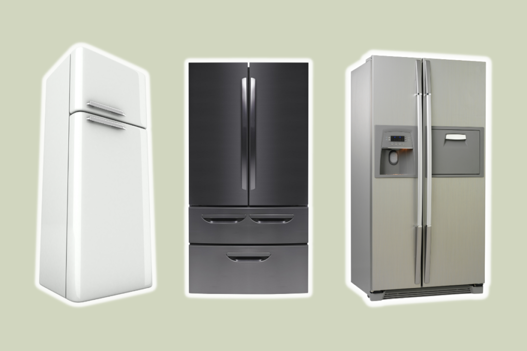 Refrigerators displaying various kitchen appliance finishes.