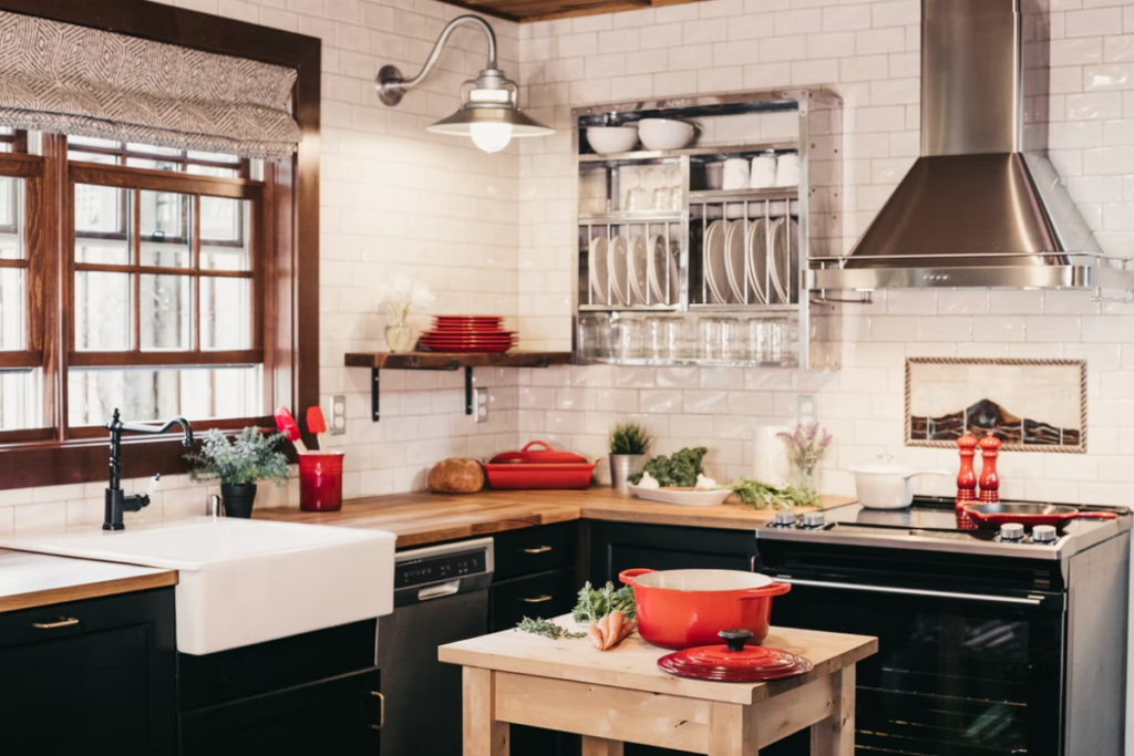 Traditional meets modern kitchen showing where to start and stop backsplash tile extending to the ceiling.